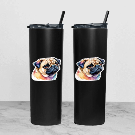 Pug Watercolor Tumbler With Lid And Straw