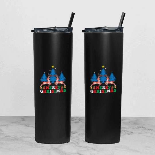 Pretty Wintery Buffalo Plaid Reindeer Merry Christ Tumbler With Lid And Straw