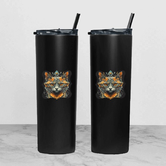Elegant stylish black and gold cat face Tumbler With Lid And Straw