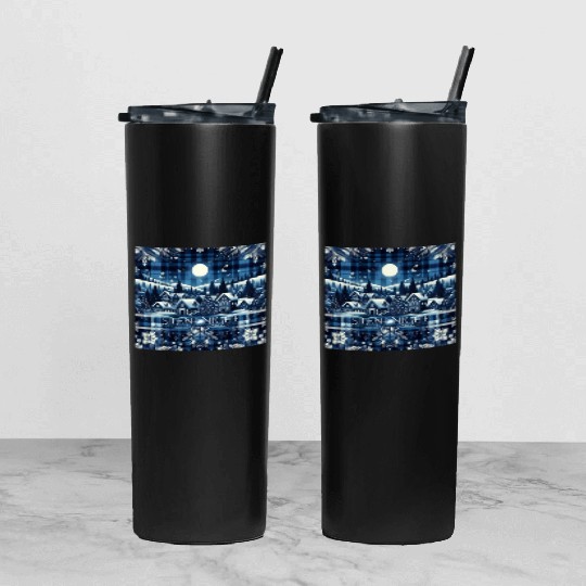 flannel silent night blue and white christmas Tumbler With Lid And Straw
