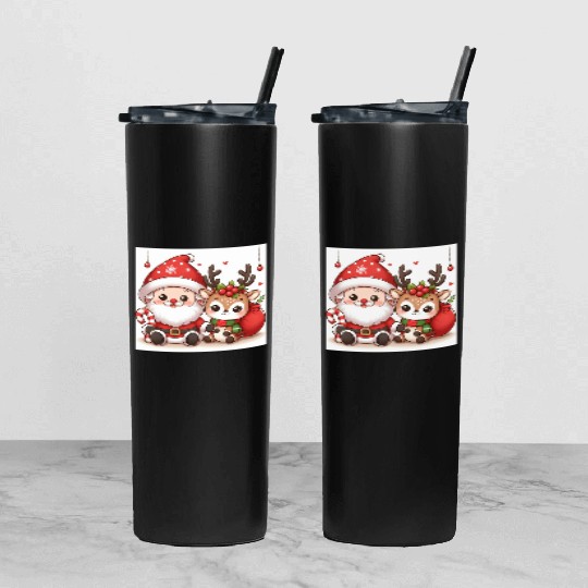 Festive Santa and Reindeer Illustration Tumbler With Lid And Straw