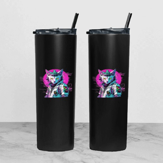 Neon Cyberpunk Warrior Cat Tumbler With Lid And Straw