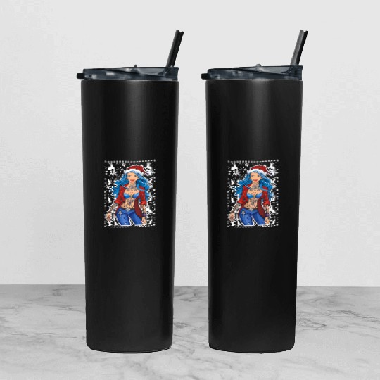 03 Sexy Christmas Woman Blue Hear Deer Tattoos Tumbler With Lid And Straw