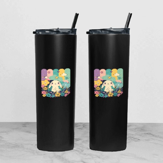 Cute Easter Bunny Surrounded By Flowers Tumbler With Lid And Straw