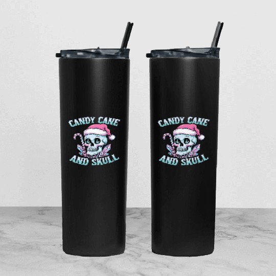 Candy Cane And Skull Pastel Goth Christmas Skull Tumbler With Lid And Straw