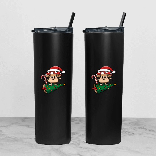 Christmas Mushroom Wearing Santa Hat Tumbler With Lid And Straw