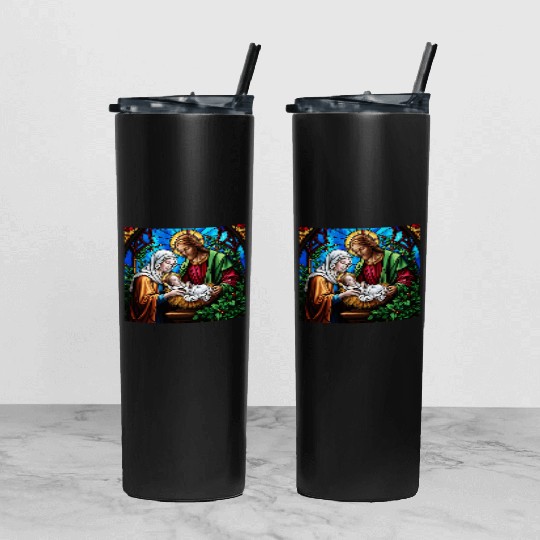 Holly family cristal stained glass image Tumbler With Lid And Straw
