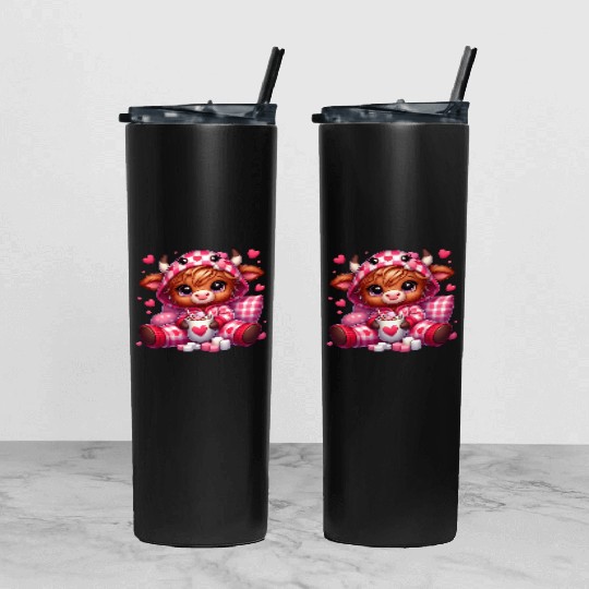 Cute cartoon valentines highland cow Tumbler With Lid And Straw