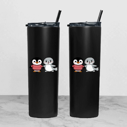 Penguin and Seal Friends holding hands Tumbler With Lid And Straw