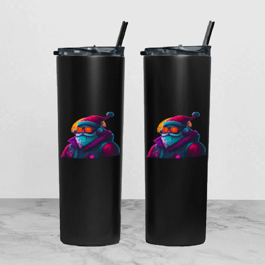 Retro Cool Santa Claus with Headphones Neon Colors Tumbler With Lid And Straw