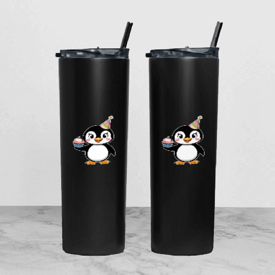 Birthday Joyful Penguin With Cupcake Tumbler With Lid And Straw