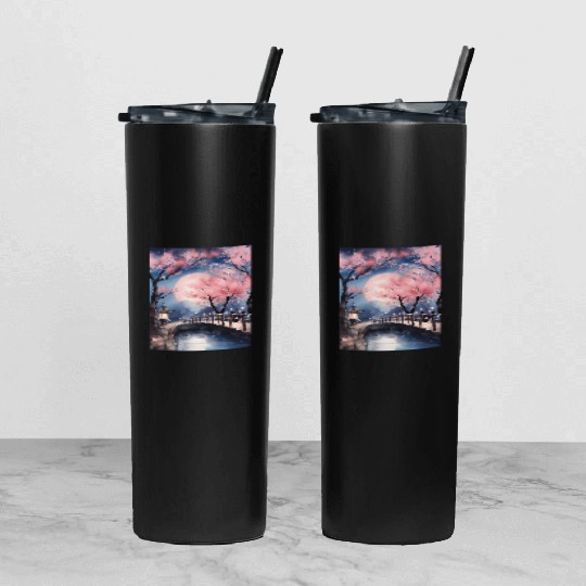 Watercolor cherry blossom festival full moon Tumbler With Lid And Straw