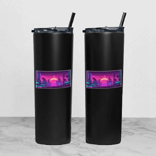 Neon Paradise Vaporwave Sunset Vibes Tumbler With Lid And Straw