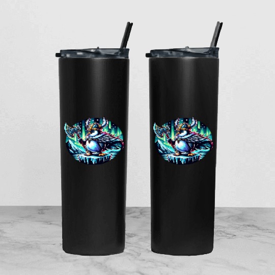 Viking Penguin with Axe Under Northern Lights Tumbler With Lid And Straw