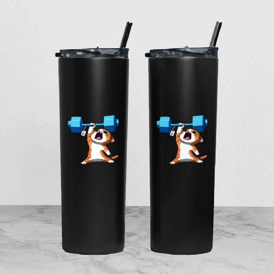 Workout Strength! Tiny Warrior Cat Huge Muscles. Tumbler With Lid And Straw