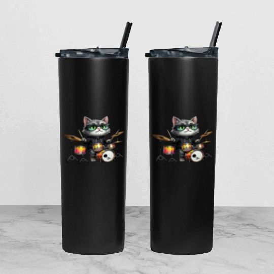 Gray Cat with Neon Drums Tumbler With Lid And Straw