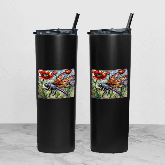 Dragonfly stained glass poppy flower insect eye Tumbler With Lid And Straw