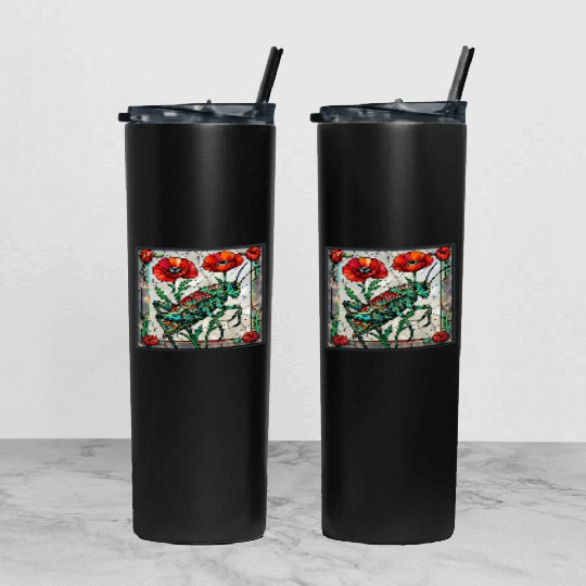 Grasshopper cricket stained glass poppy flower Tumbler With Lid And Straw