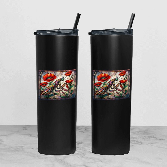 Praying mantis stained glass vibrant poppy flower Tumbler With Lid And Straw