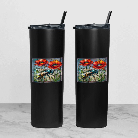 Wasp hornet bee stained glass vibrant poppy flower Tumbler With Lid And Straw