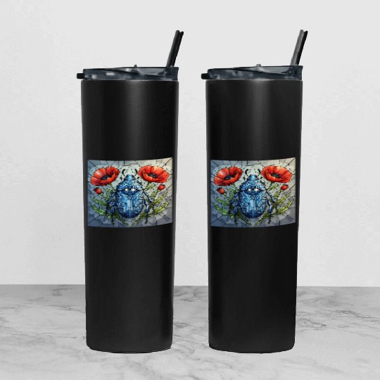 Beetle stained glass bug design vibrant poppy Tumbler With Lid And Straw