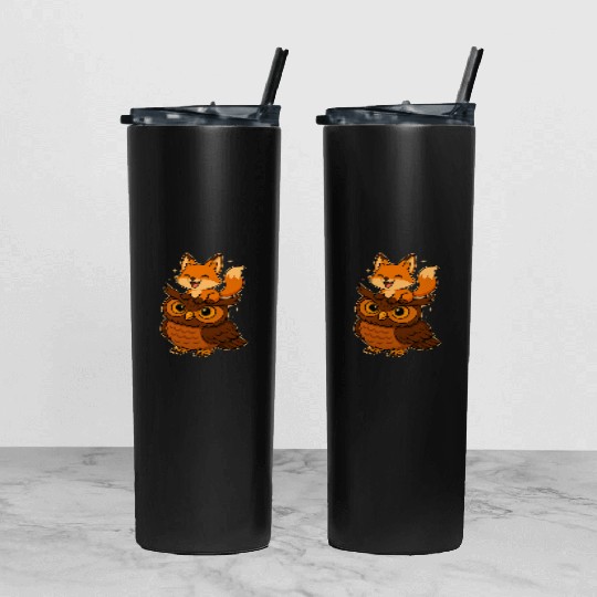 Funny Fox and Owl Cute Forest Animals Cartoon Tumbler With Lid And Straw