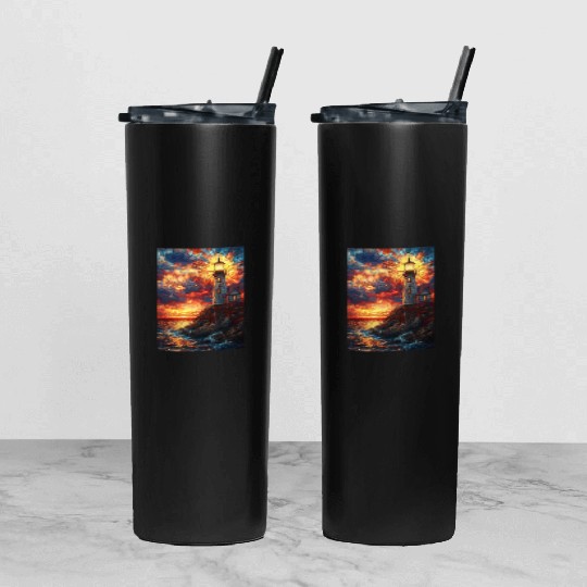 Stained Glass Lighthouse Sunset Tumbler With Lid And Straw