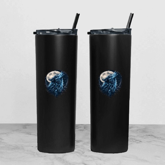 Moonlit Howl Blue Wolf Illustration Tumbler With Lid And Straw