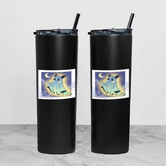Cute Ghost Bat Under Moon Scene Tumbler With Lid And Straw