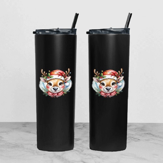 Cute Rudolph Reindeer Watercolor Christmas Art Tumbler With Lid And Straw