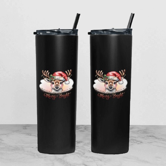 Merry & Bright Cute Reindeer Watercolor Christmas Tumbler With Lid And Straw