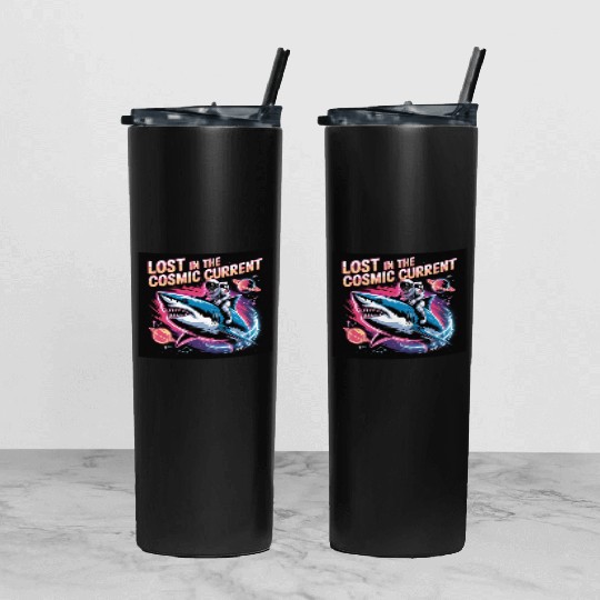 Cosmic Shark Astronaut Design Tumbler With Lid And Straw