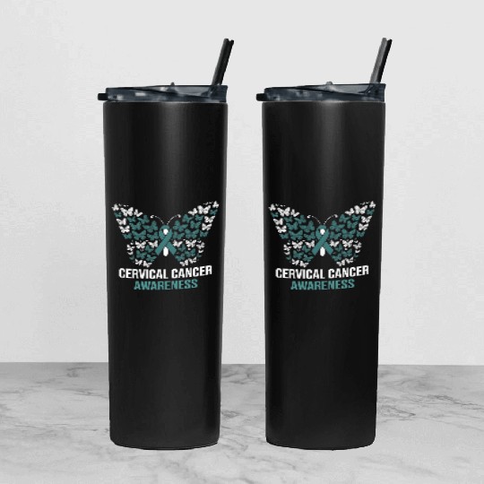 Cervical Cancer Awareness Butterfly Design Tumbler With Lid And Straw