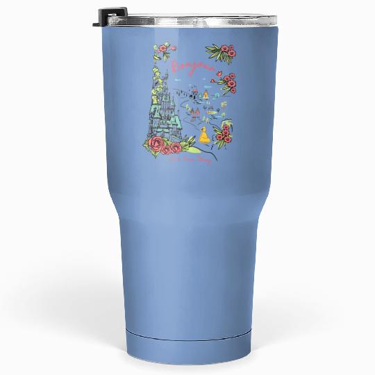 Disney Castle Belle Princess Bonjour Rose , Beauty and the Beast Floral Tee, Magic Kingdom Disneyland Family Holiday 2024 Trip Tumblers 30 oz