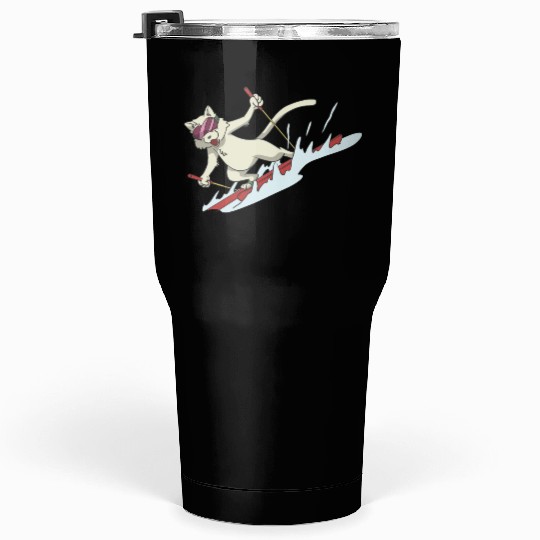 Cat on skis skiing Tumblers 30 Oz