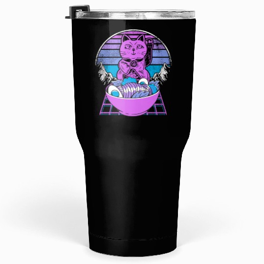 Ramen Maneki Neko Cat Kawaii Retrowave Sunset 80s Tumblers 30 Oz