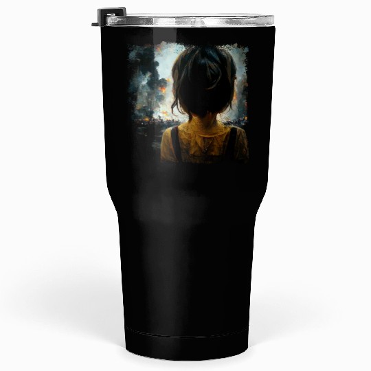 Kid in war looking at explosion 2 AI painting Tumblers 30 Oz