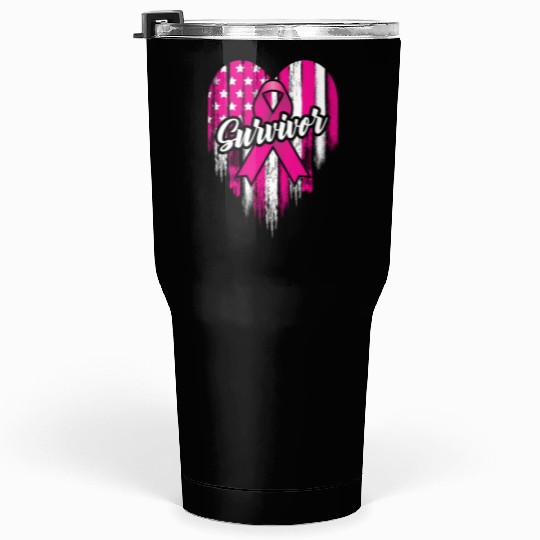 Breast Cancer Survivor Pink Ribbon American Flag Tumblers 30 Oz