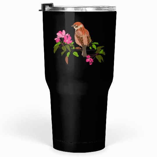 Sparrow on a branch pink flowers of an apple tree Tumblers 30 Oz