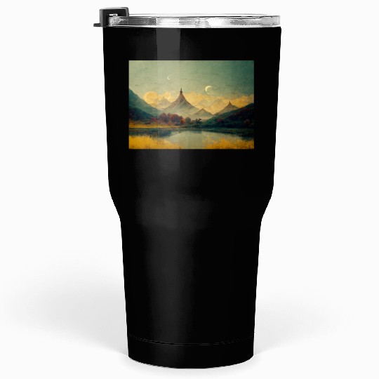 Mountain Lake Golden Landscape Painting Tumblers 30 Oz