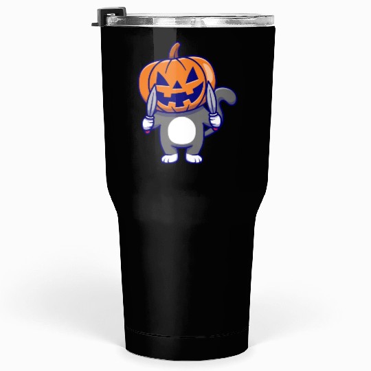 Cat With Pumpkin Head And Knife - Halloween Tumblers 30 Oz