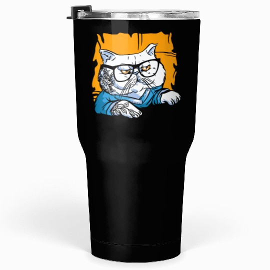 Stylish Nerd Persian Cat Beanie Glasses Tattoo Tumblers 30 Oz