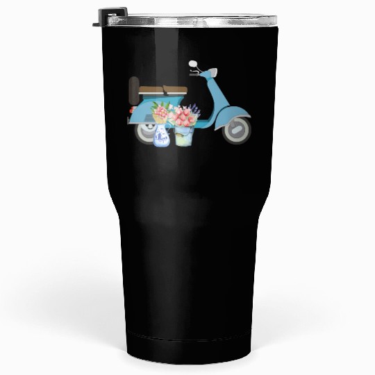 Blue Retro Scooter With Tulips Art Design Tumblers 30 Oz