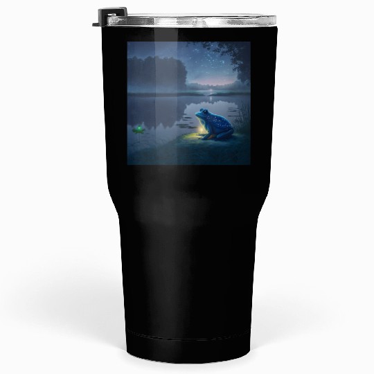 Blue Frog and Firefly on a pond at Night Tumblers 30 Oz