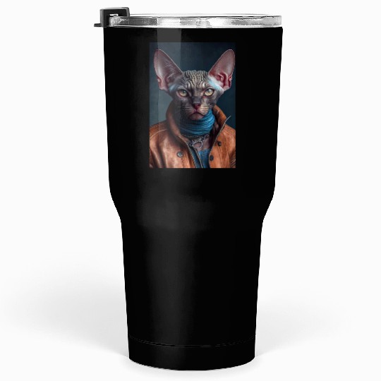 Devon Rex Cat Breed Portrait wears a leather jacke Tumblers 30 Oz