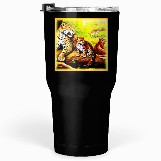 Jaguar Mom and Cubs Relaxing in Jungle. Buy Now Tumblers 30 Oz