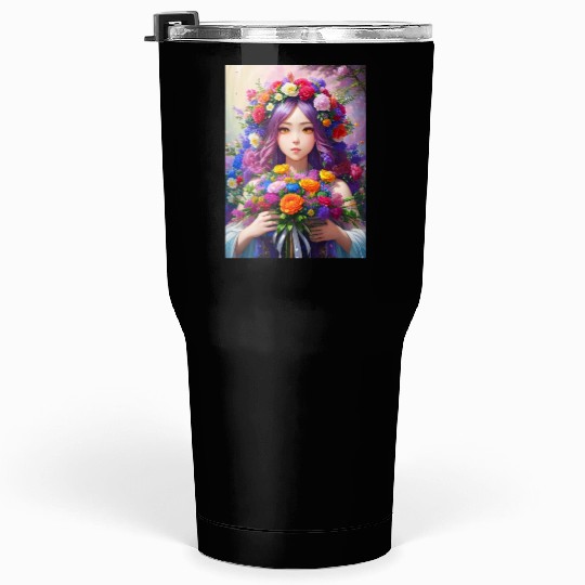 Spring Girl with a bouqet of flowers garland #4 Tumblers 30 Oz