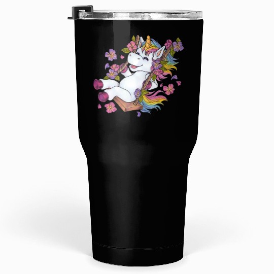 Cute unicorn on swing Flowers Spring gift children Tumblers 30 Oz