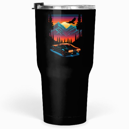 1980s Muscle Car and Retro Neon Mountain Sunset Tumblers 30 Oz