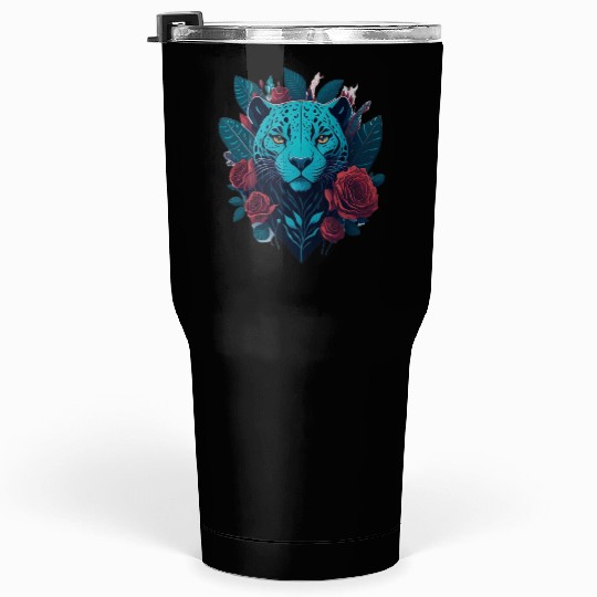 cute jaguar with red flowers Tumblers 30 Oz